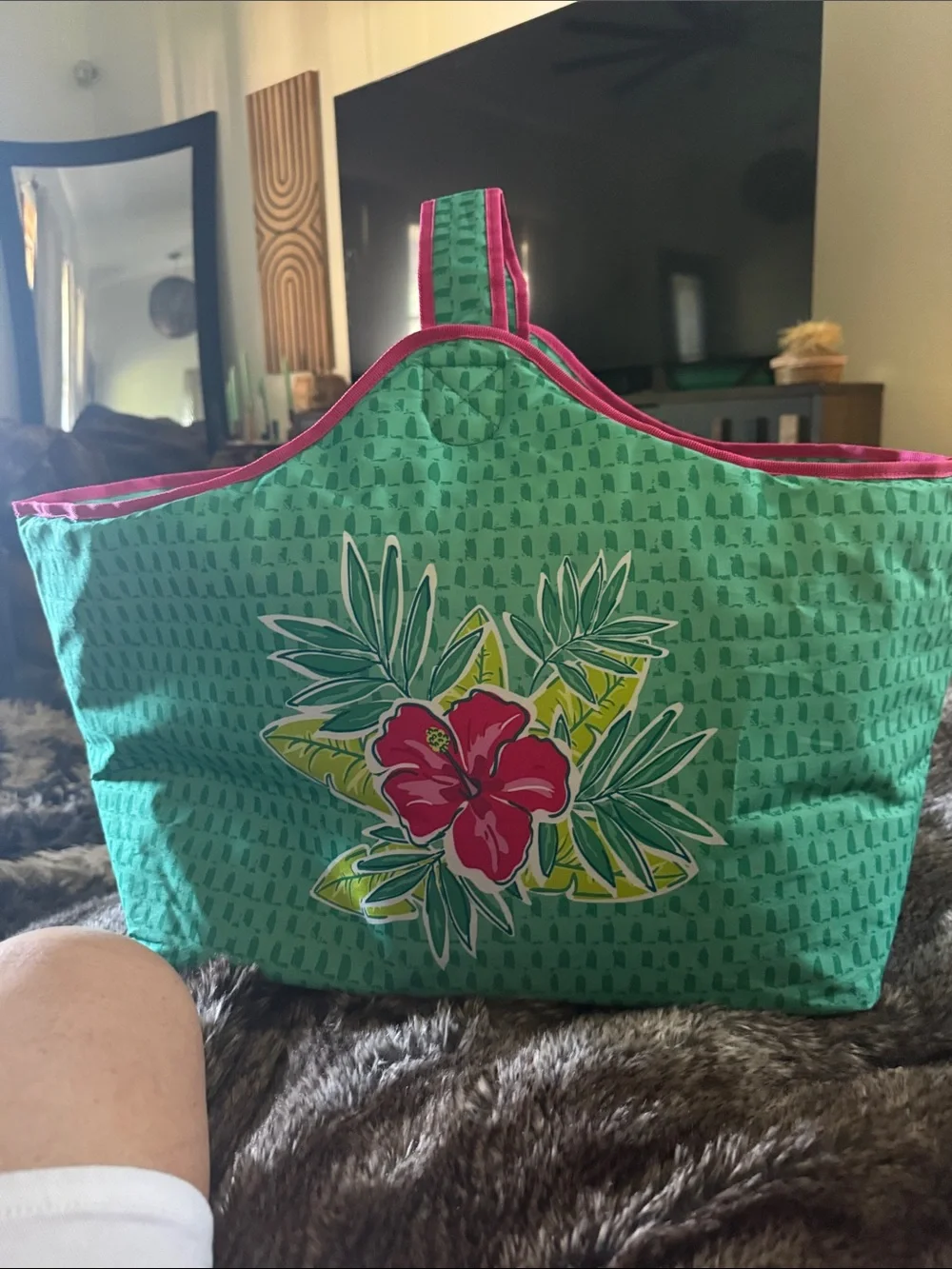Tupperware Teal Cosmetic Tote with Pink Trim and Tropical Floral Print